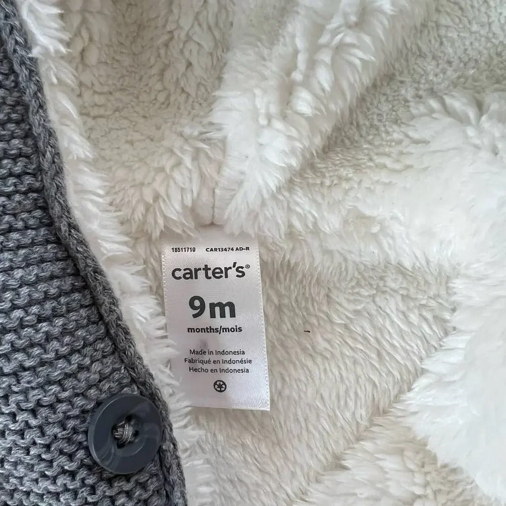 Carter's Baby 9m‎ Bear Grey Knit Lined Sweater Jacket